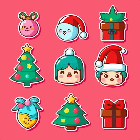 Cute cartoon christmas icon set. Collection of cute christmas icons.のイラスト素材