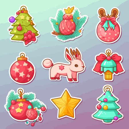 Set of Christmas and New Year stickers with cute cartoon animals. vector illustrationのイラスト素材