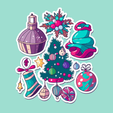 Christmas and New Year sticker set. Vector illustration in cartoon style.のイラスト素材