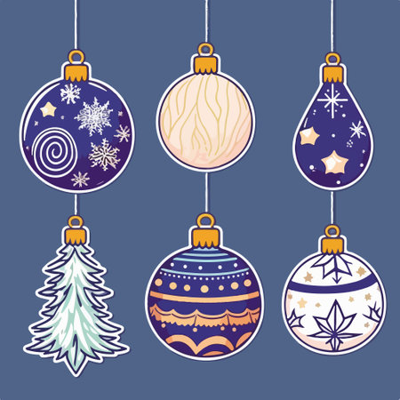 Set of Christmas ornaments on blue background. vector illustration.のイラスト素材