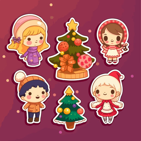 Christmas stickers set with cute girls and christmas tree. vector illustrationのイラスト素材
