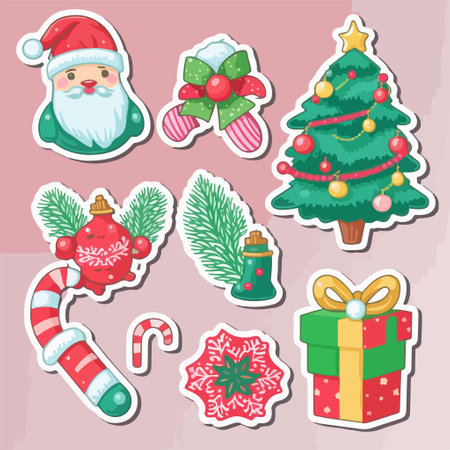 Set of Christmas stickers with Santa Claus, Christmas tree, gifts, snowflakes, candy canes and bows. vector illustrationのイラスト素材