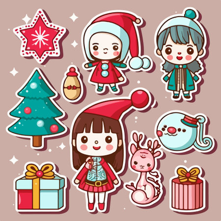 Cute Christmas stickers collection with Santa Claus, elf, deer, snowman and other elements.のイラスト素材