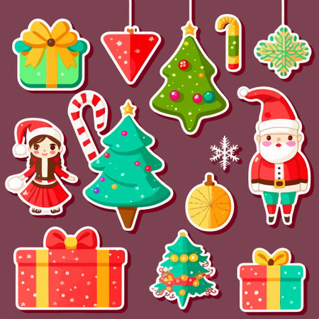 Set of Christmas stickers with christmas tree, candy canes, Santa Claus, snowflakes and gift boxes. vector illustrationのイラスト素材
