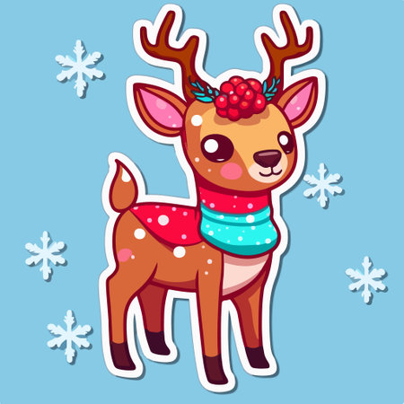 Cute cartoon deer with snowflakes on blue background. vector illustration.のイラスト素材