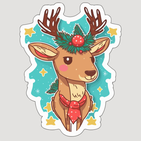 Christmas and New Year greeting card with cute cartoon deer. vector illustration.のイラスト素材