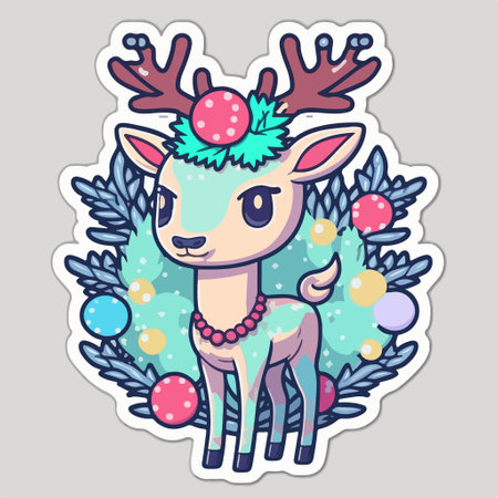 Cute cartoon deer with christmas wreath. vector illustration.のイラスト素材