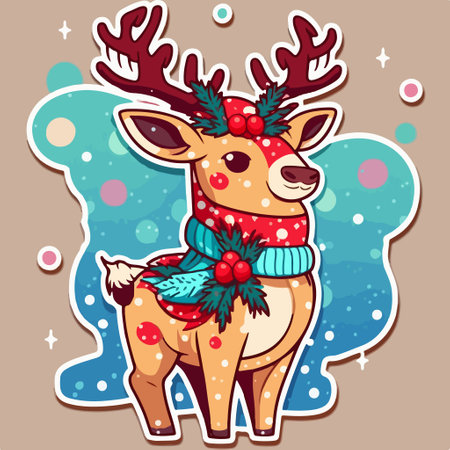 Christmas greeting card with cute reindeer in scarf. vector illustration.のイラスト素材