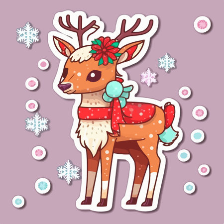 Christmas greeting card with cute deer and snowflakes. vector illustration.のイラスト素材
