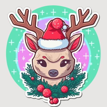 Cute cartoon deer in Santa Claus hat and Christmas wreath.のイラスト素材