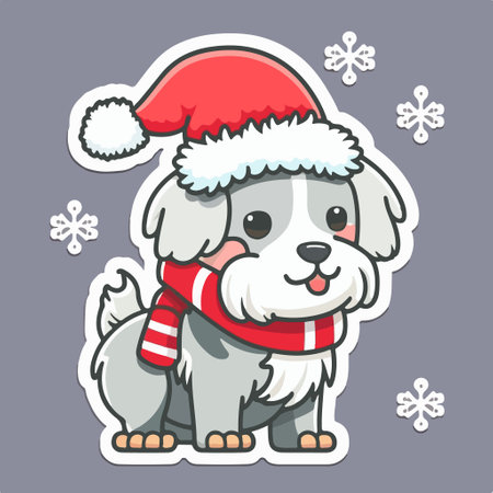 Cute cartoon dog in Santa Claus hat and scarf. vector illustration.のイラスト素材