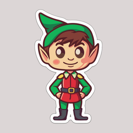 Cute Christmas elf sticker isolated on gray background. vector illustration.のイラスト素材