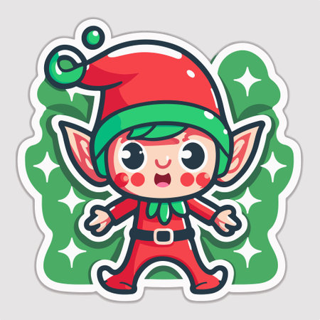 Cute Christmas elf sticker. Vector illustration in a cartoon style.のイラスト素材