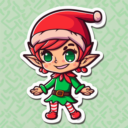 Cute cartoon elf with green eyes and red hat on green background.のイラスト素材