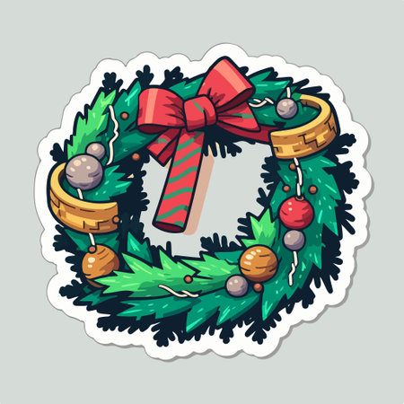 Christmas wreath with ribbons and bow. Vector illustration in cartoon style.のイラスト素材