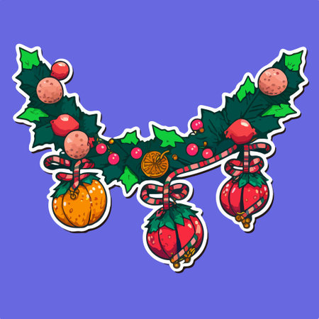 Christmas greeting card with holly berry and bow. vector illustration.のイラスト素材