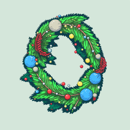 Christmas wreath with fir branches, balls and beads. vector illustration.のイラスト素材