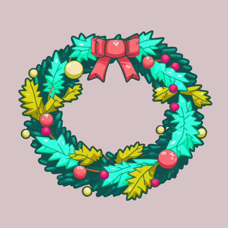 Christmas wreath with holly berry and red bow. vector illustration.のイラスト素材