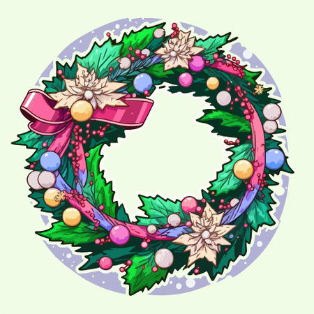 Christmas wreath with holly and poinsettia. vector illustration.のイラスト素材
