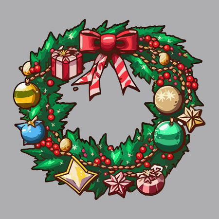 Christmas wreath with baubles and ribbons. vector illustration.のイラスト素材
