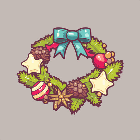 Christmas wreath with holly berry, bow and stars. vector illustration.のイラスト素材