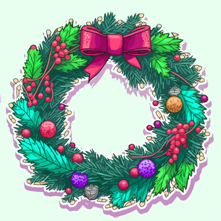 Christmas wreath with fir branches, berries and candy. vector illustration.のイラスト素材