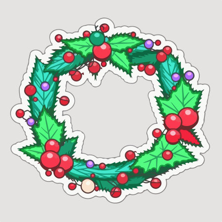 Christmas wreath with red berries and green leaves. vector illustration.のイラスト素材