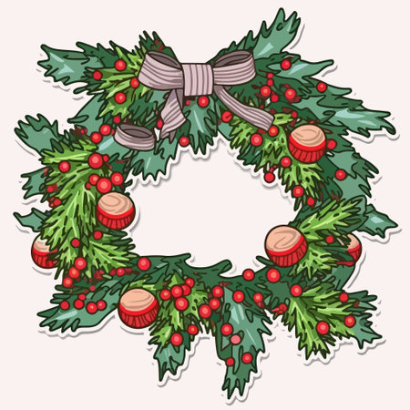 Christmas wreath with holly berry and bow. vector illustration.のイラスト素材