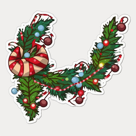 Christmas and New Year greeting card with fir tree branch, candy canes and berries. vector illustration.のイラスト素材