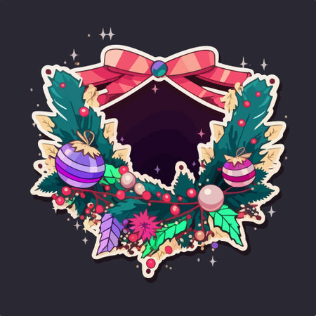 Christmas wreath with bow. Vector illustration on a dark background.のイラスト素材