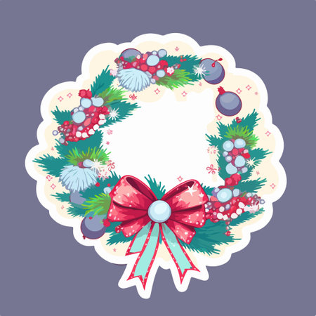 Christmas wreath with berries, fir branches and bow. vector illustration.のイラスト素材