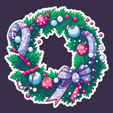 Christmas wreath with ornaments and ribbons. vector illustration.のイラスト素材