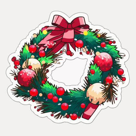 Christmas wreath with red ribbon and baubles. vector illustration.のイラスト素材