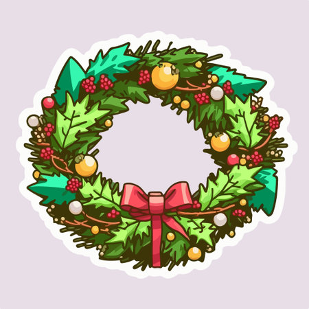 Christmas wreath with holly berry and red bow. vector illustration.のイラスト素材