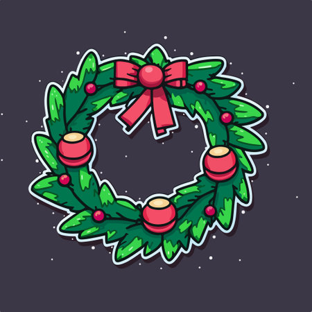 Christmas wreath with bow. Vector illustration in cartoon style on dark background.のイラスト素材