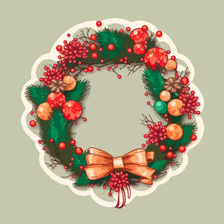 Christmas wreath with pine branches, berries and bow. vector illustration.のイラスト素材