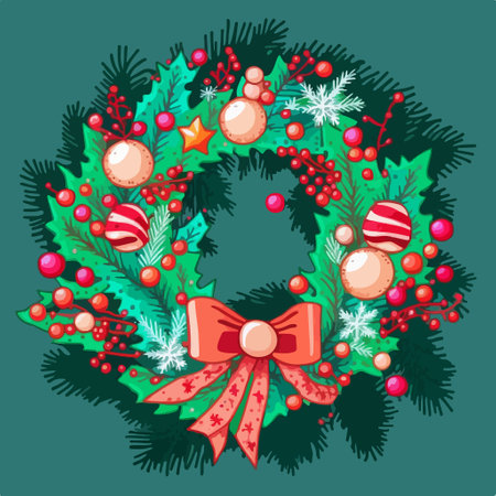 Christmas wreath with ornaments and holly berries. vector illustration.のイラスト素材