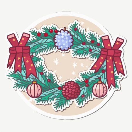 Christmas wreath with ornaments, vector illustration in flat styleのイラスト素材