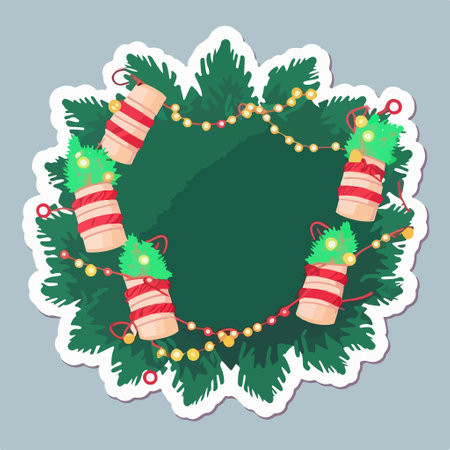Christmas wreath with ornaments. Vector illustration in cartoon style.のイラスト素材