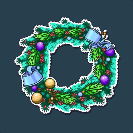 Christmas wreath with baubles and bells. vector illustration.のイラスト素材