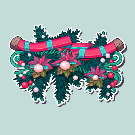 Christmas greeting card with holly berry and bow. vector illustration.のイラスト素材