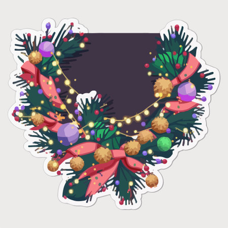 Christmas greeting card with wreath of fir branches, garlands and toys. vector illustration.のイラスト素材