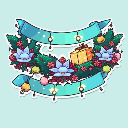 Christmas wreath with ribbons on blue background. vector illustration.のイラスト素材