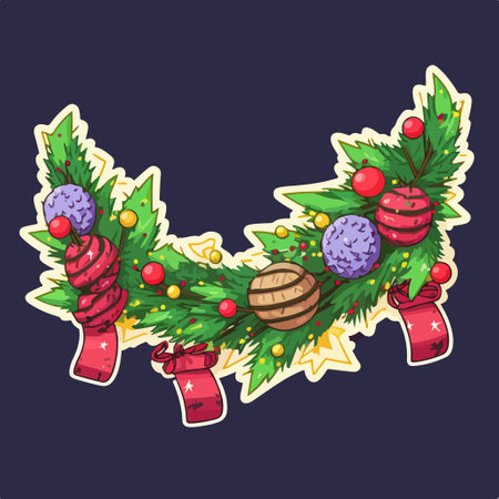 Christmas wreath with fir branches and balls. Vector illustration on dark background.のイラスト素材