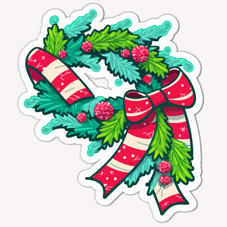 Christmas wreath sticker. Hand drawn vector illustration in cartoon style.のイラスト素材