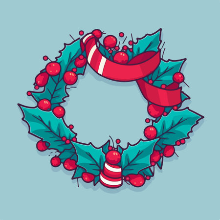 Christmas wreath with holly berry and ribbon. vector illustration.のイラスト素材