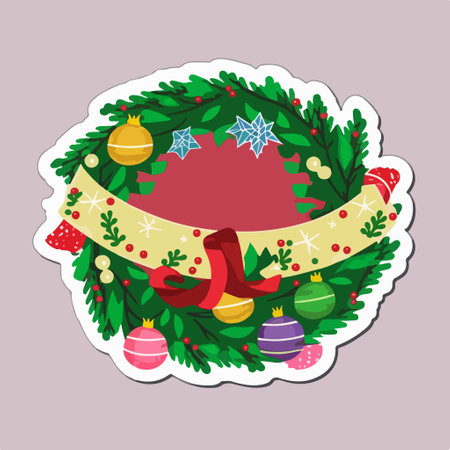 Christmas wreath with ornaments and ribbons. vector illustration.のイラスト素材