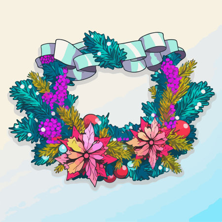 Christmas wreath with fir branches, poinsettia, holly berry and ribbon. vector illustrationのイラスト素材