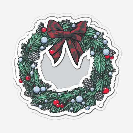 Christmas wreath with fir branches, berries and red bow. vector illustration.のイラスト素材