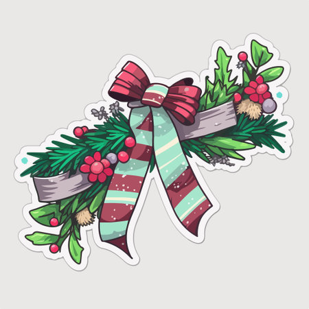 Christmas bow with holly berry and pine branches. vector illustration.のイラスト素材